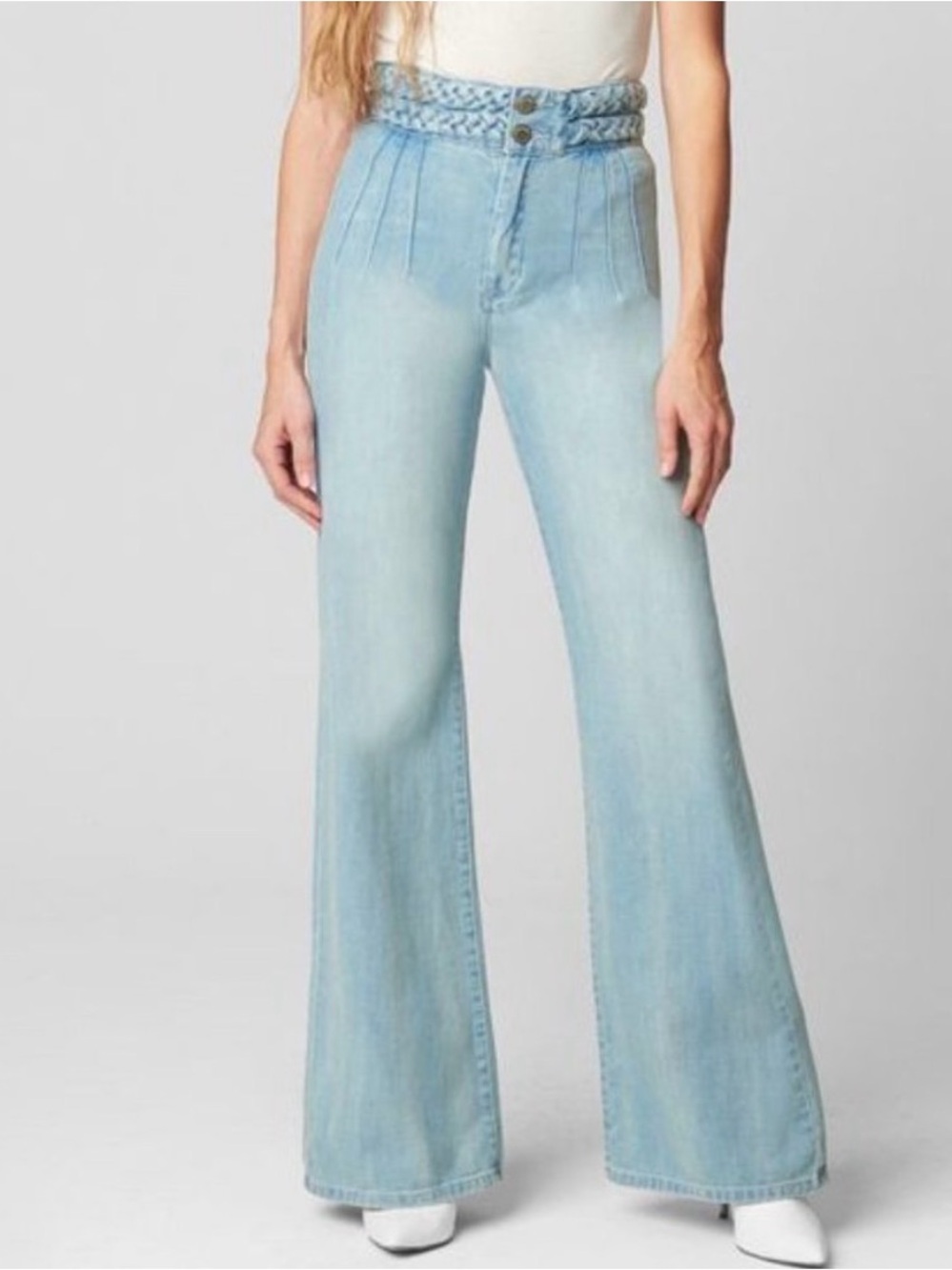 BLANKNYC The Delancey High Rise Wide Leg Flare Jeans Braided Waist Light Blue 26